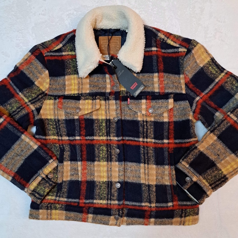 Levi's Plaid Sherpa Collar Jacket in Navy, Tan & Red - Picture 4 of 12